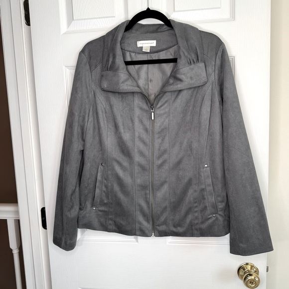 CJ Banks Faux Suede Gray Zipper Blazer Silver Stud Detail Size Large MSRP $70 - Picture 1 of 6